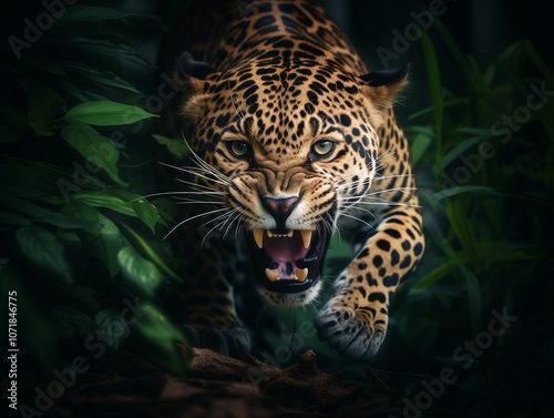 Ein Jaguar schleicht durch den Regenwald und ist angriffslustig, Jagender und gefährlicher Jaguar im Regenwald