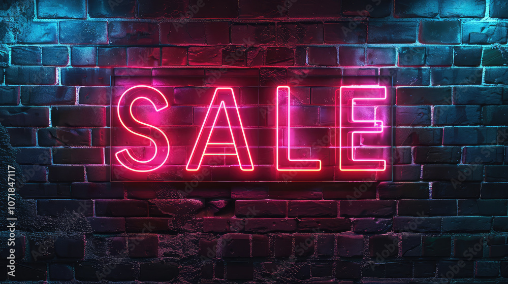 Neon SALE sign glowing against textured brick wall, creating vibrant atmosphere perfect for promotions and marketing. bright colors attract attention Neon SALE sign glowing against textured brick wall, creating vibrant atmosphere perfect for promotions and marketing. bright colors attract attention