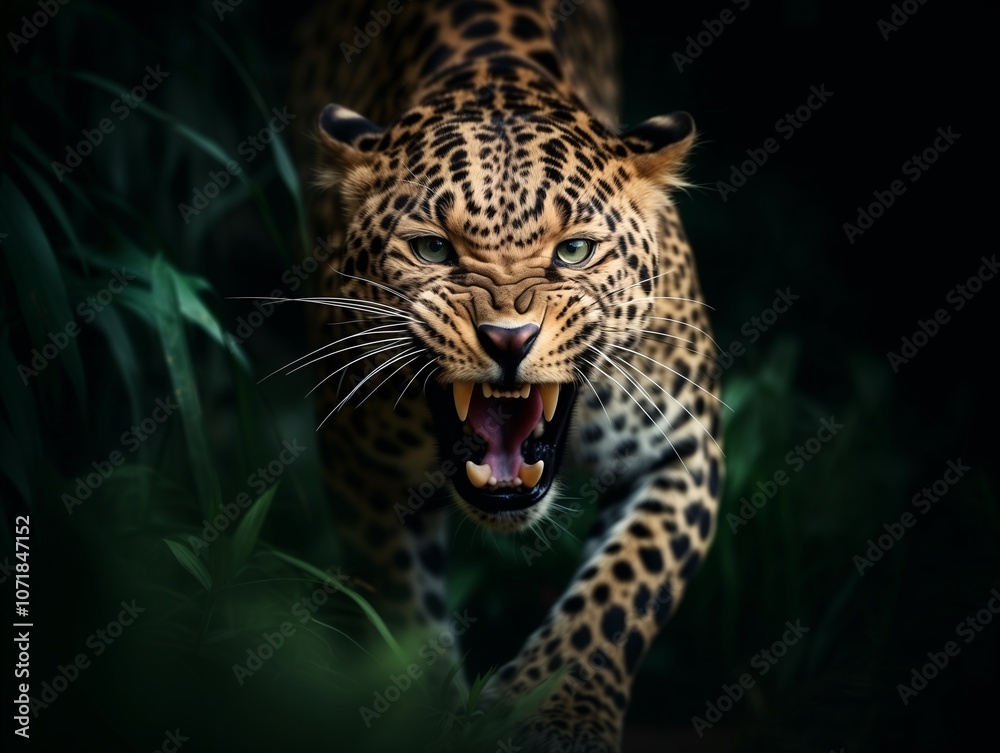 Fototapeta premium Ein Jaguar schleicht durch den Regenwald und ist angriffslustig, Jagender und gefährlicher Jaguar im Regenwald