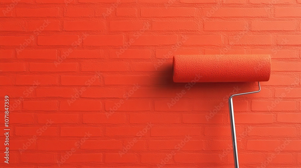 Obraz premium Red Brick Wall Background with Paint Roller Tool in Professional Workspace or Construction Site for Home Improvement Renovation or Remodeling