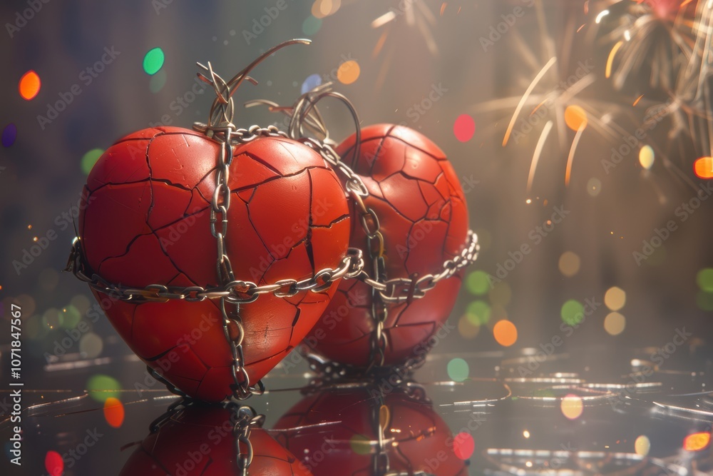 Broken Hearts Connected by Chains Set Against a Beautifully Sparkling Background Broken Hearts Connected by Chains Set Against a Beautifully Sparkling Background