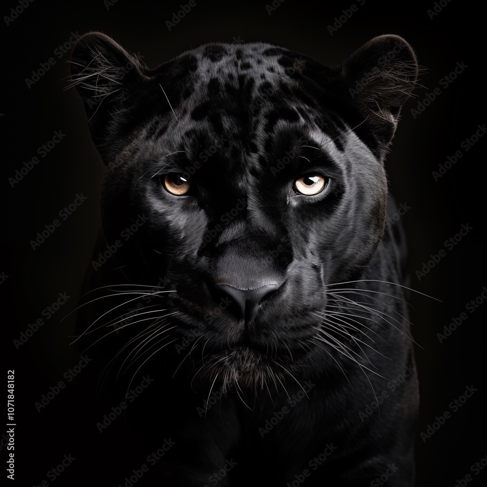 Anmutiges Leoparden Portrait mit schwarzem Hintergrund, edle und intensive Abbildung eines schwarzen Panthers mit direktem Augenkontakt