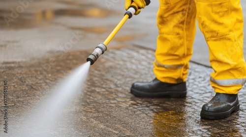 Professional worker in uniform operating high pressure cleaning spray hose to efficiently maintain and clean a wet city street or paved walkway