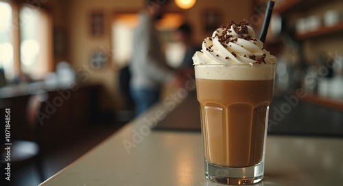 Iced coffee topped with whipped cream photo