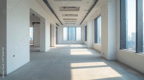 Bright and Spacious Corporate Office Corridor with Clean Minimalist Design and Ample Natural Light from Floor to Ceiling Windows