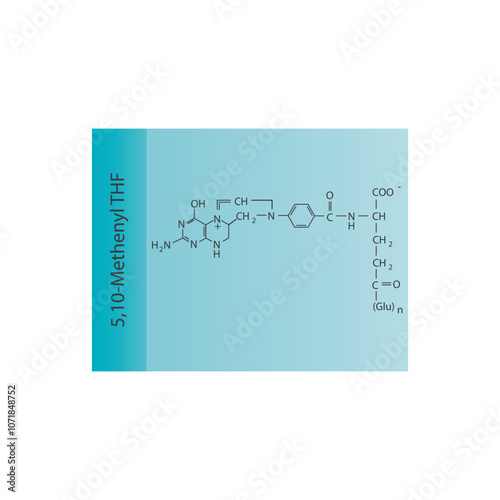 5,10-Methenyl THF skeletal structure diagram.Vitamin B9 compound molecule scientific illustration.