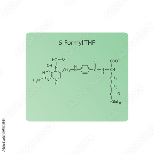 5-Formyl THF skeletal structure diagram.Vitamin B9 compound molecule scientific illustration.