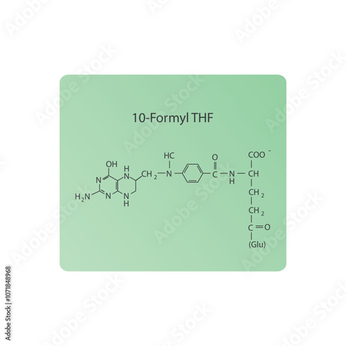 10-Formyl THF skeletal structure diagram.Vitamin B9 compound molecule scientific illustration.