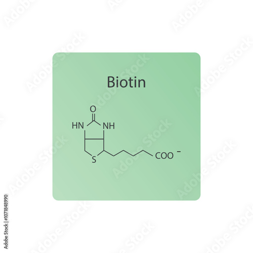 Biotin skeletal structure diagram.Vitamin B7 compound molecule scientific illustration.
