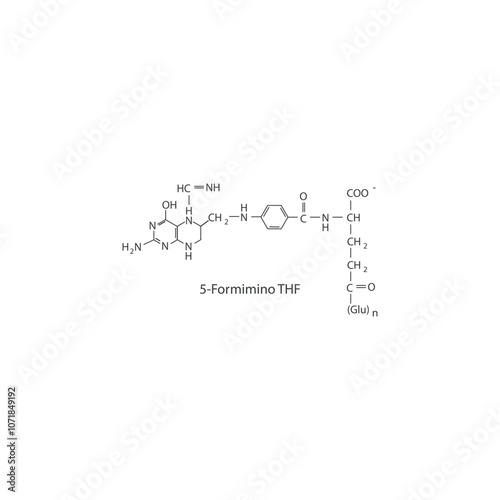 5-Formimino THF skeletal structure diagram.Vitamin B9 compound molecule scientific illustration.