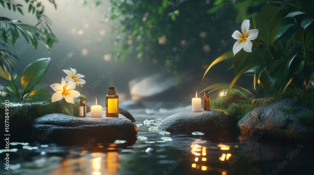Naklejka premium A refreshing aromatherapy corner with lit candles, essential oils, and plumeria flowers on stones by a stream, with greenery and droplets of water on leaves