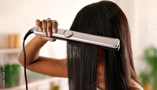 Young brunette woman straightening her glowing healthy hair using modern iron hair straighte