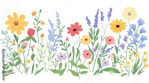 Cheerful spring flower banner with wildflowers and leaves, beautifully laid out on a white background.