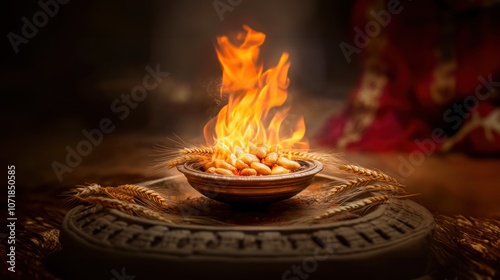 Bowl centered over burning flames, festival celebration, food with fire, lohri festival photo