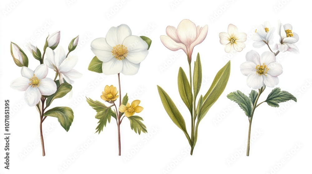 Fototapeta premium Elegant botanical illustration of blooming spring flowers, perfect for a seasonal garden-themed banner.