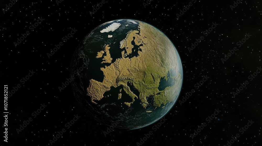 Obraz premium Europe seen from space with the Earth curvature, surrounded by stars. Highlighting the richness of the continent and its surroundings.