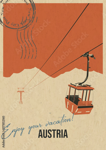 Austria Attraction Postcard, Ski Resort Aerial Tramway Illustration, Vector Template Retro Style Greeting Card with handwriting wish. Postal Imprint, Aged Paper Texture