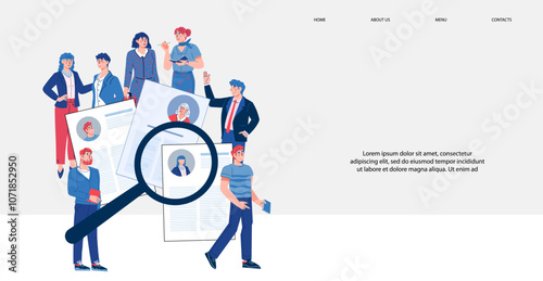 Recruitment strategies, HR agency website banner with employer reviewing CVs to streamline hiring, flat vector illustration. Best staff choosing with effective CV screening and hiring processes.