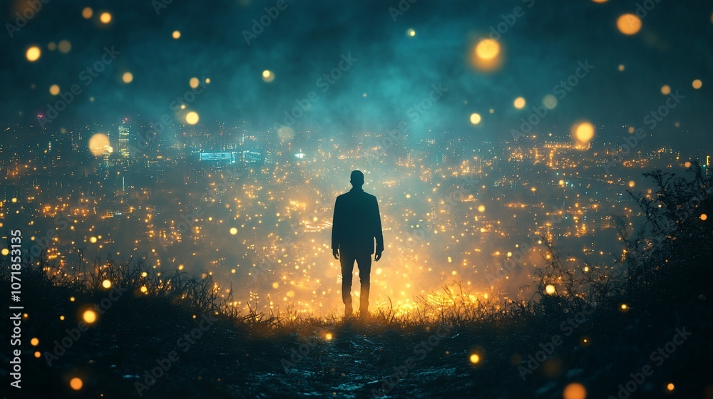 Silhouette of a man standing on a hilltop with a city lights in the background. Silhouette of a man standing on a hilltop with a city lights in the background.