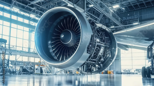  Large Airplane Engine in Maintenance Hangar