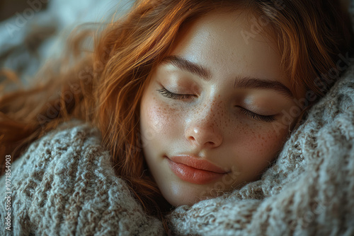 Close-up of a person gently drifting to sleep with closed eyes and a relaxed face, capturing a peaceful bedtime moment,