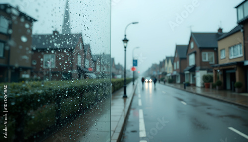 A rainy day on a quiet street in a charming town, capturing reflections and the tranquil atmosphere of everyday life