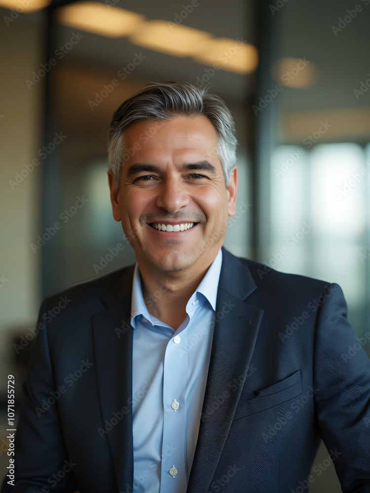 Fototapeta premium A seasoned Indian executive smiles warmly in his office dressed in a modern suit with an open collar amidst a sleek corporate backdrop_00
