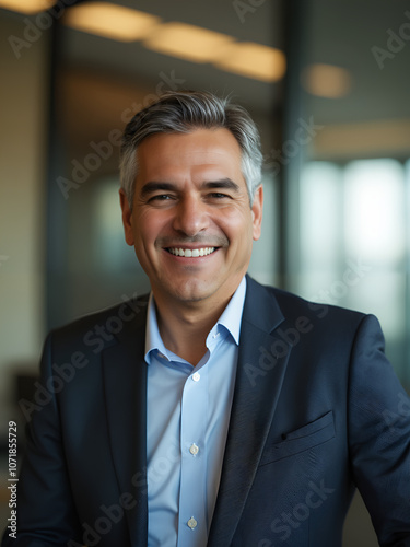 A seasoned Indian executive smiles warmly in his office dressed in a modern suit with an open collar amidst a sleek corporate backdrop_00 photo