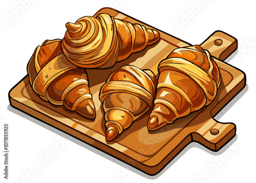 croissants on a wooden board, top view of croissants on a cutting board, croissants vector illustration.