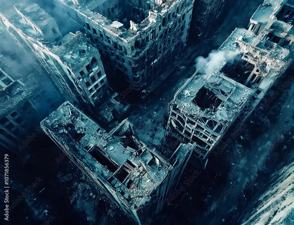 Ruins of destroyed buildings destroyed after an earthquake, war or apocalypse, view from a quadcopter