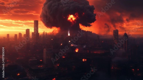 An atomic bomb explodes in a metropolis, destroying the city, a nuclear mushroom cloud rises into the sky. Dramatic landscape of nuclear war