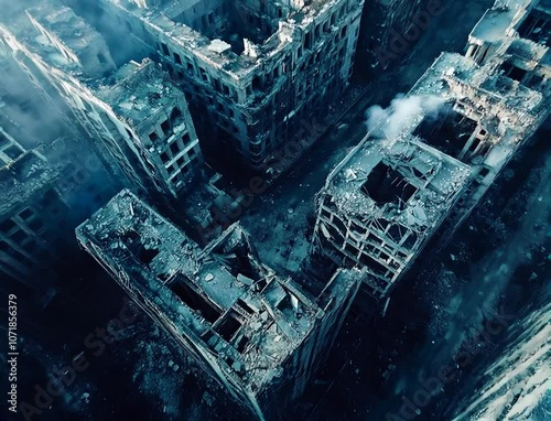 Ruins of destroyed buildings destroyed after an earthquake, war or apocalypse, view from a quadcopter
