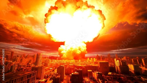 An atomic bomb explodes in a metropolis, destroying the city, a nuclear mushroom cloud rises into the sky. Dramatic landscape of nuclear war