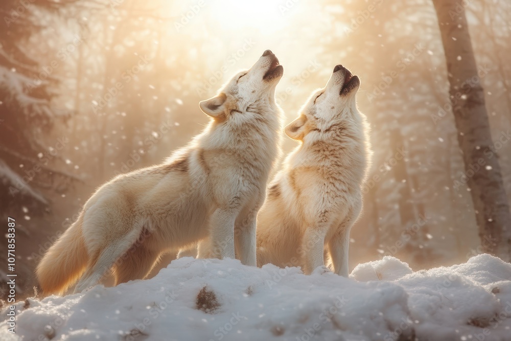 Obraz premium Arctic Wolves' Serenade: A Mystical Moonlit Howl in Winter Wonderland.