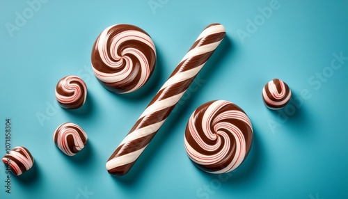 percentage symbol crafted from candy cane stripes, set against a light blue background