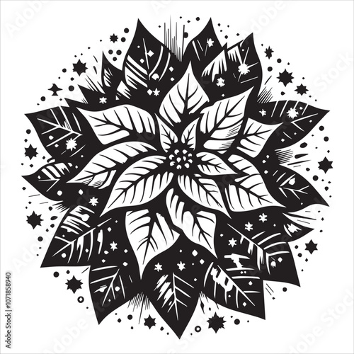 Striking Black and White Poinsettia for Holiday Designs. A bold, graphic illustration of a poinsettia flower surrounded by snowflakes and stars.