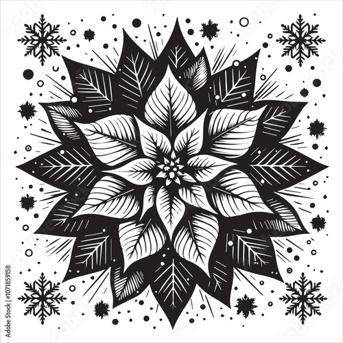 Striking Black and White Poinsettia for Holiday Designs. A bold, graphic illustration of a poinsettia flower surrounded by snowflakes and stars.