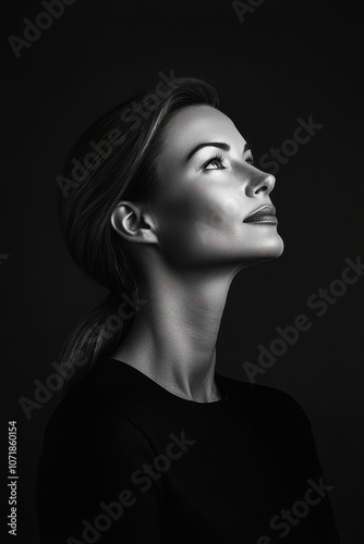 Woman Looking Up in Black and White	
