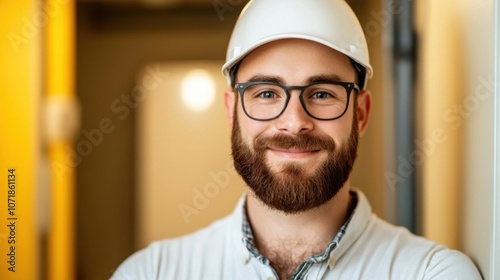 Confident Caucasian Male Construction Worker Wearing Safety Helmet and Uniform Smiling at the Inside a Modern Office Building photo