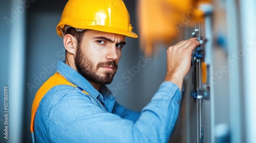 Hardworking construction worker in blue uniform and yellow safety helmet inspecting and repairing electrical wiring inside a commercial or residential building during renovation or maintenance