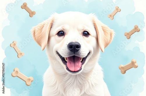 Happy dog smiles big, bones fly around. Dog's dream, bone, food, natural