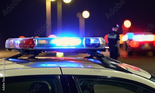 Police car with flashing red and blue lights in action at night, symbolizing law enforcement and emergency response