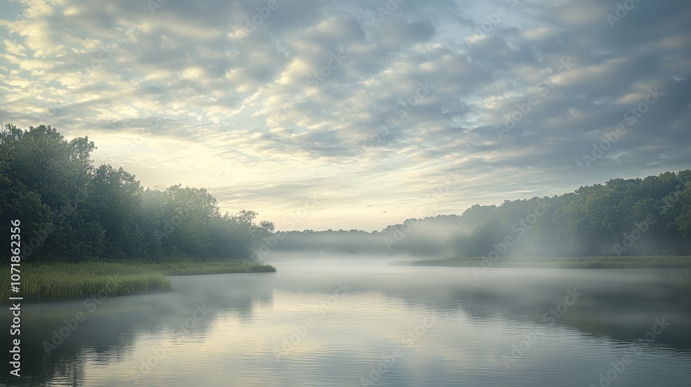 Fototapeta premium Serene Misty Morning Over Calm River and Lush Forest