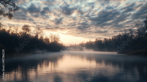 Misty Sunrise Over Calm River with Cloudy Sky and Reflections