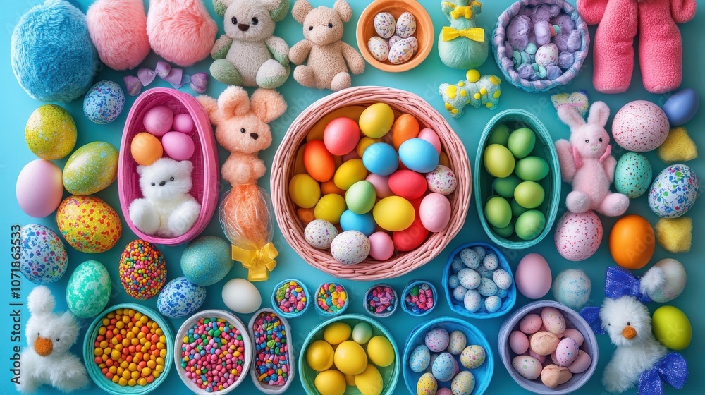 Fototapeta premium Colorful Easter Decorations and Treats Arrangement