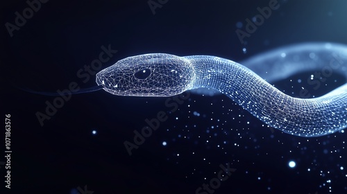 White Sea Snake in Low Poly Abstract Wireframe, Enhanced with Glowing Particles on Dark Blue Background, Capturing Futuristic Marine Life Aesthetics. photo