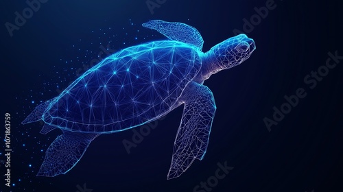 Flatback Turtle in Low Poly Abstract Wireframe with Glowing Particles, Set Against a Dark Blue Background, Capturing Modern Design of Marine Reptile. photo