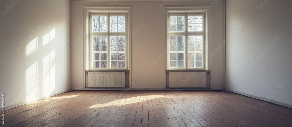 Fototapeta premium Empty Room with Sunlight Streaming Through Windows