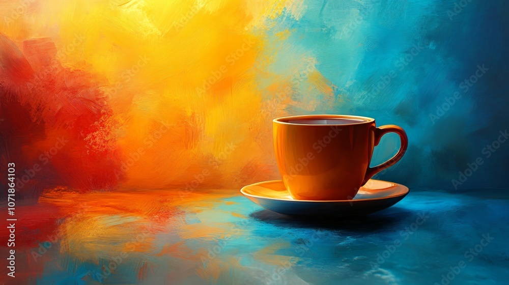 Obraz premium Coffee cup on a vibrant colored background, coffee, cup, beverage, drink, mug, colorful, vibrant, background