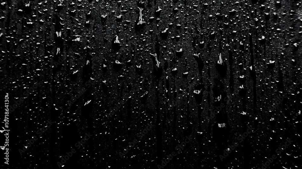 Obraz premium Black and White Abstract Water Droplets Background, Wet Surface Texture with Raindrops
